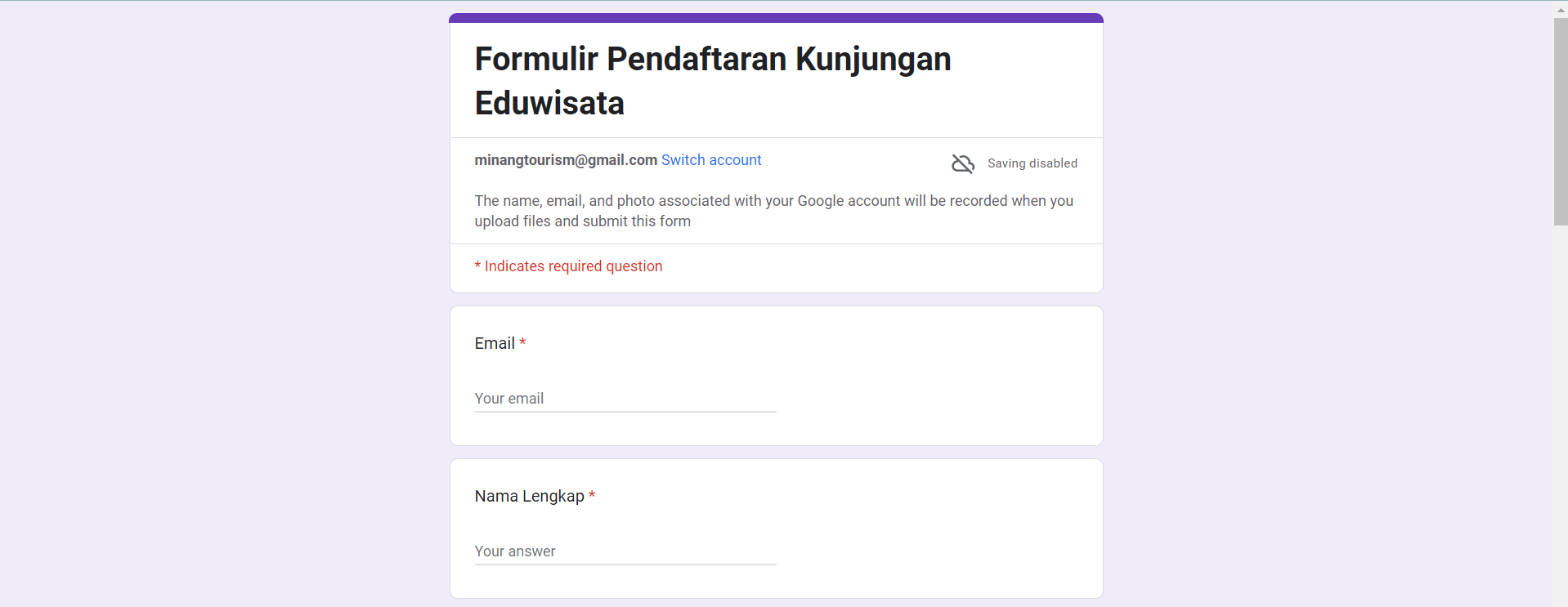 Formulir Pendaftaran Kunjungan Eduwisata Padang Mengatas